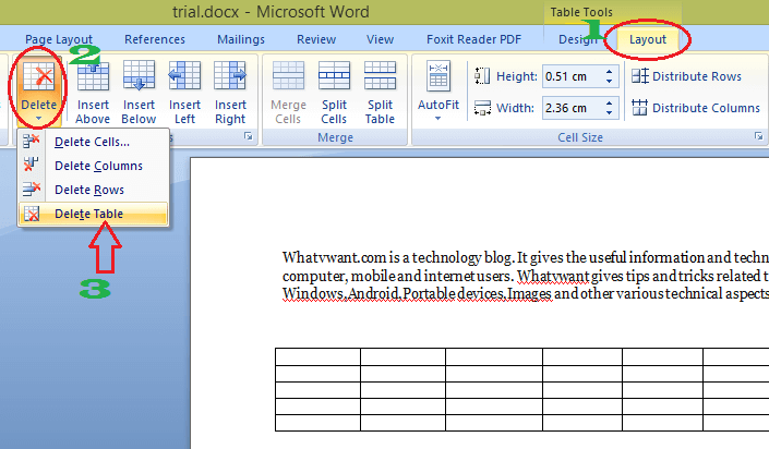 Delete a table in word