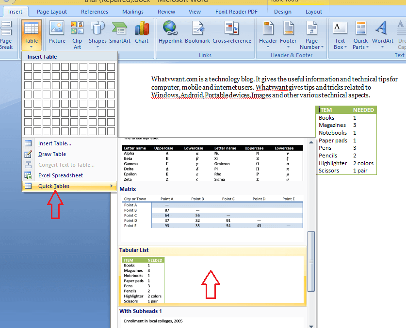 How to insert a table in word