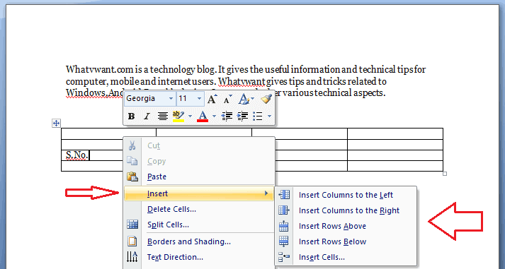 Insert row in word table