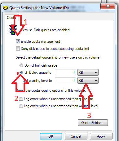 how can i give disk quota in window 7