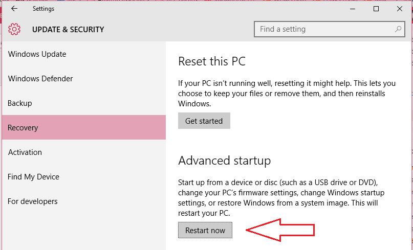 Restart pc with advanced startup