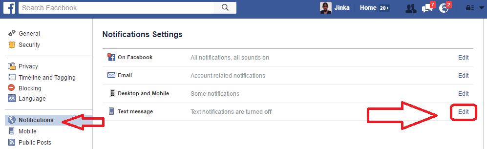 facebook text message notifications
