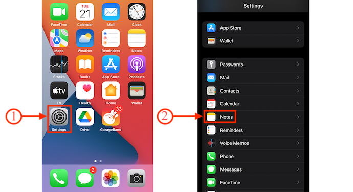 Notes option in iPhone settings