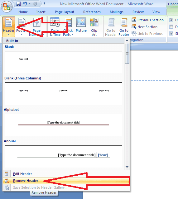 remove header in word