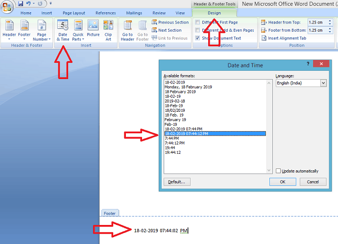 Insert date and time on word document