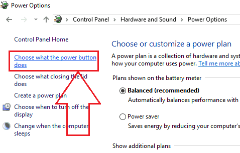 Windows 10 power options