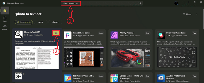 Search for "Photo to Text OCR" in Microsoft Store