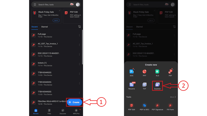 Scanner option in WPS office