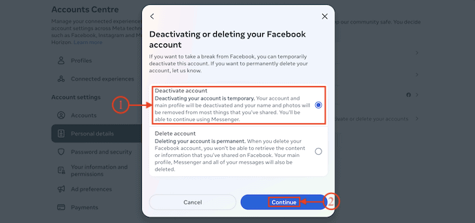 Deactivate option in Facebook