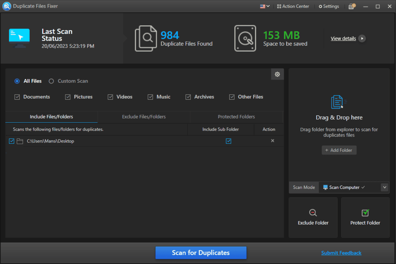 Scan option in Duplicate Files Fixer