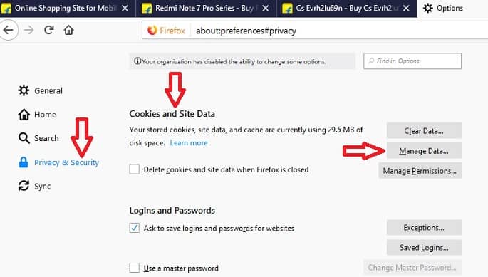 Cookies and Site Data option on Mozilla Firefox