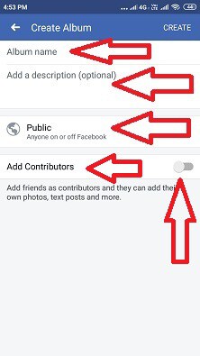 Options in Create Album on Facebook App