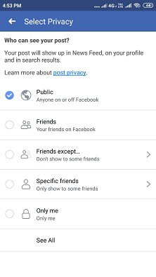 Privacy options on Facebook App