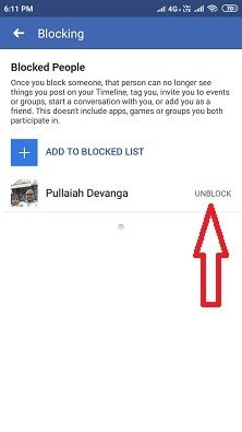 Blocked List and Unblock option on Facebook App