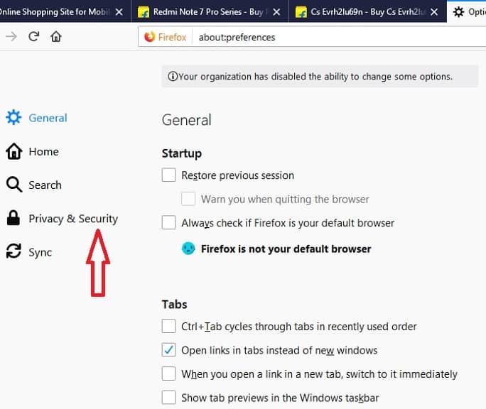 Privacy & Security option on Mozilla Firefox