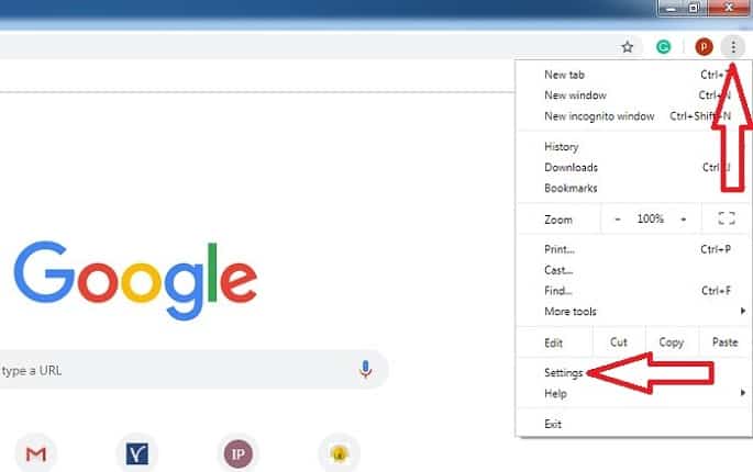 Settings option on Google Chrome