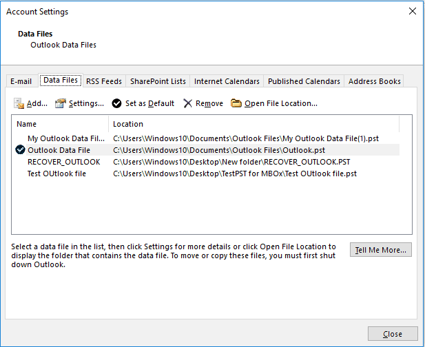 Outlook profile settings