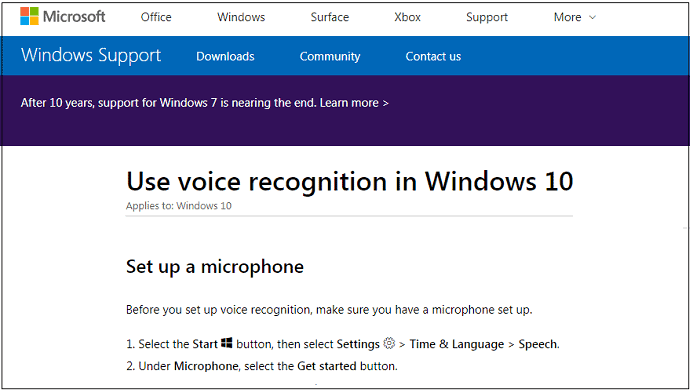 Microsoft-Support-WebPage-To-Set-up-Windows-10-Voice-Recognition