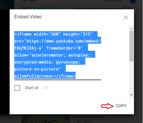 Copying the HTML code of a YouTube video using the Embed option