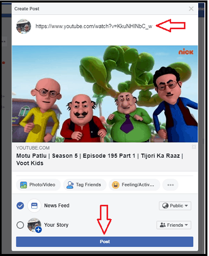Pasting the YouTube Video URL on Facebook Create Post page