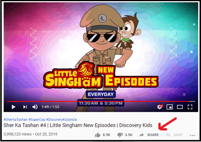 Share Option Icon present just below the YouTube Video Player
