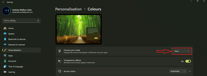 Choose Dark Mode in Windows