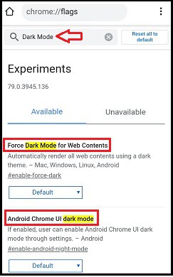 Search for Dark Mode flags-on-Android-chrome