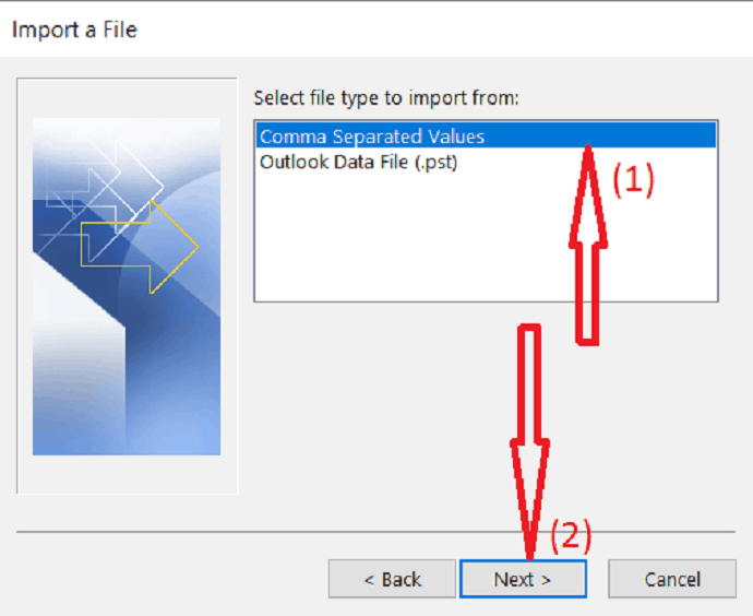 select comma separated values as a file type to import.