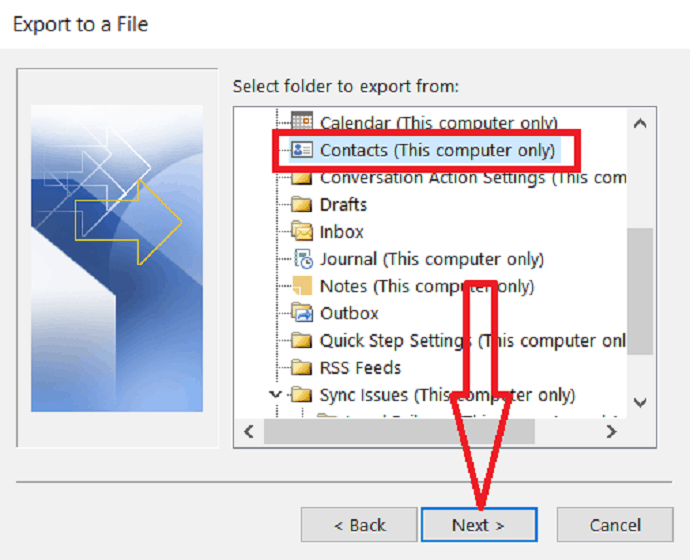 select contacts folder to export.