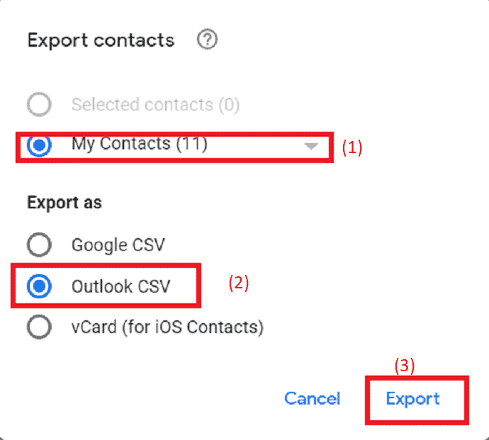 select contacts and exported type.