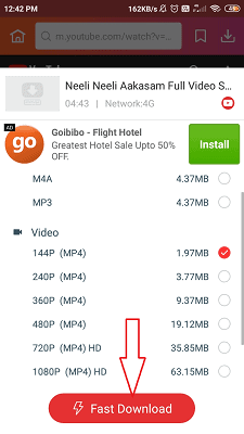 fast download option which is highlighted after selecting the video quality.