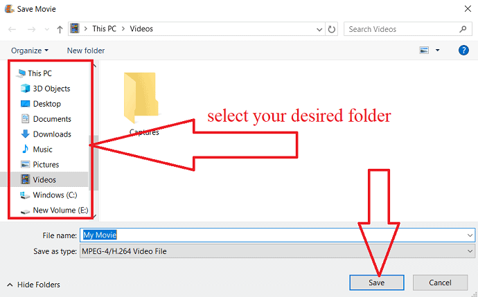 select your desired folder to save the movie.