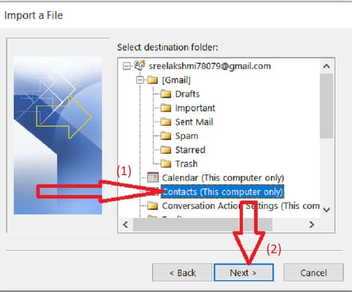 select contacts as a destination folder.