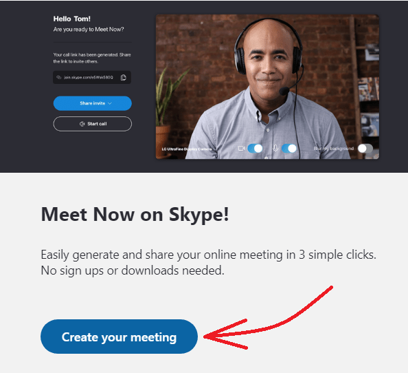 Create your meeting-option-on-Skype-website-to-organize-free-video-meetings-on-chrome-with no sign-ups-and-no downloads