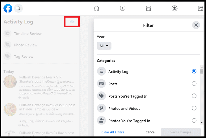 Filter-option-under-activity log-on-New Facebook-Profile page