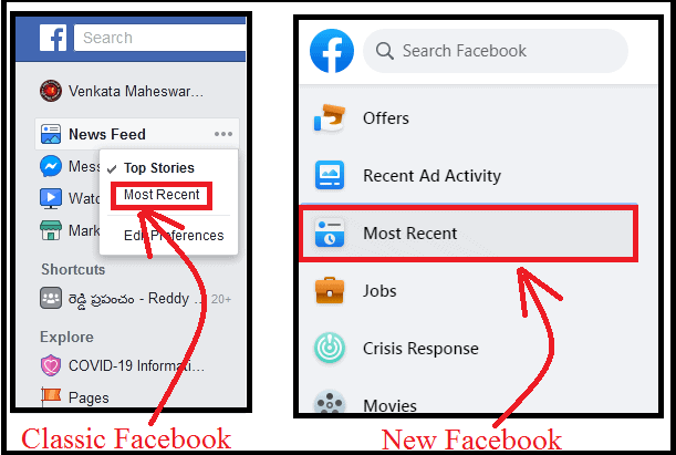 News Feed option-deleted -in- New Facebook-but- Most Recent-option- added-separately