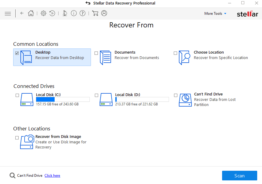 Select location in Stellar windows data recovery