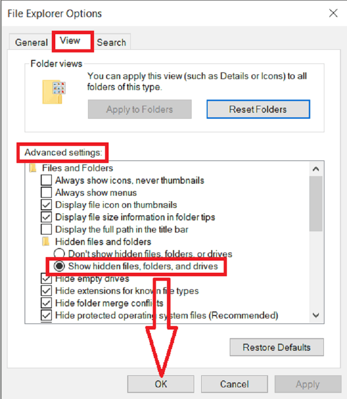 enable the show hidden files option and click on ok. 