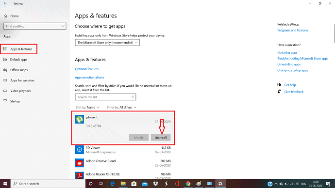 select the uTorrent app and click on uninstall option.