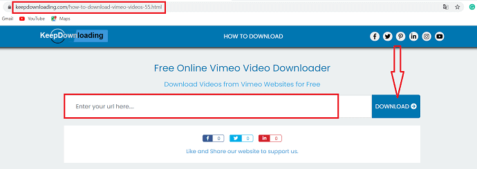 paste the URL and select download option on keepdownloading website.