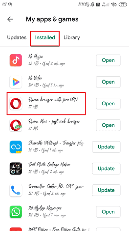 select Opera browser under installed apps.