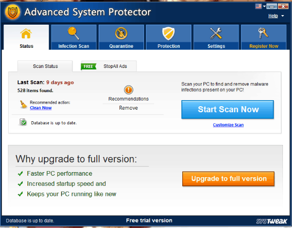 home screen of Advanced system protector