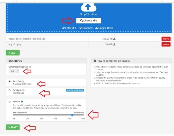 Step 1 Open the img2go website and upload single or upto 3 images at a time. Then define the output format