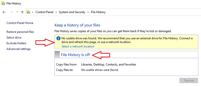 check file history off or on