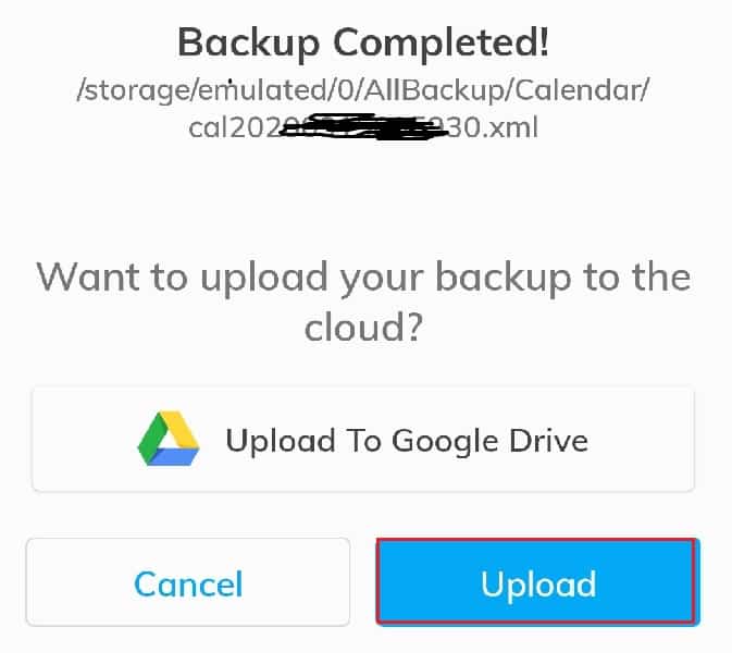 backup completed succesfully using app