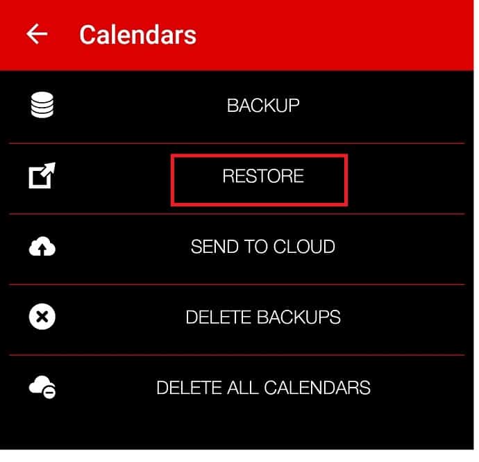 select restore from calendars