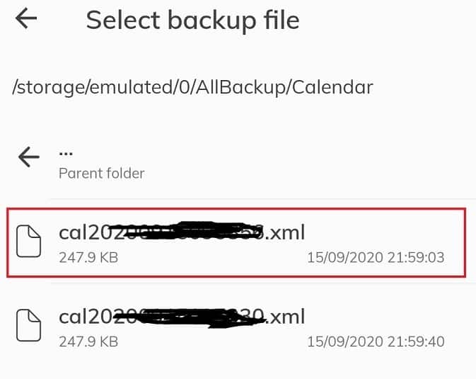 select the backup file to restore