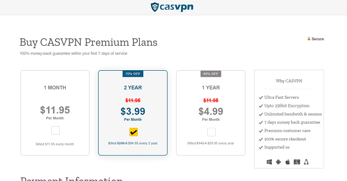 CASVPN pricing and plans