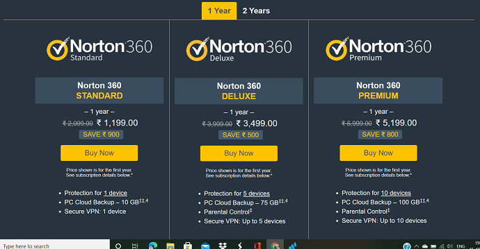 Norton 360 pricing details