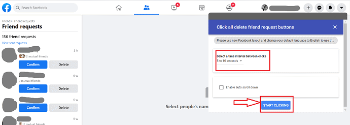 selection of start clicking option to delete the friend requests.
